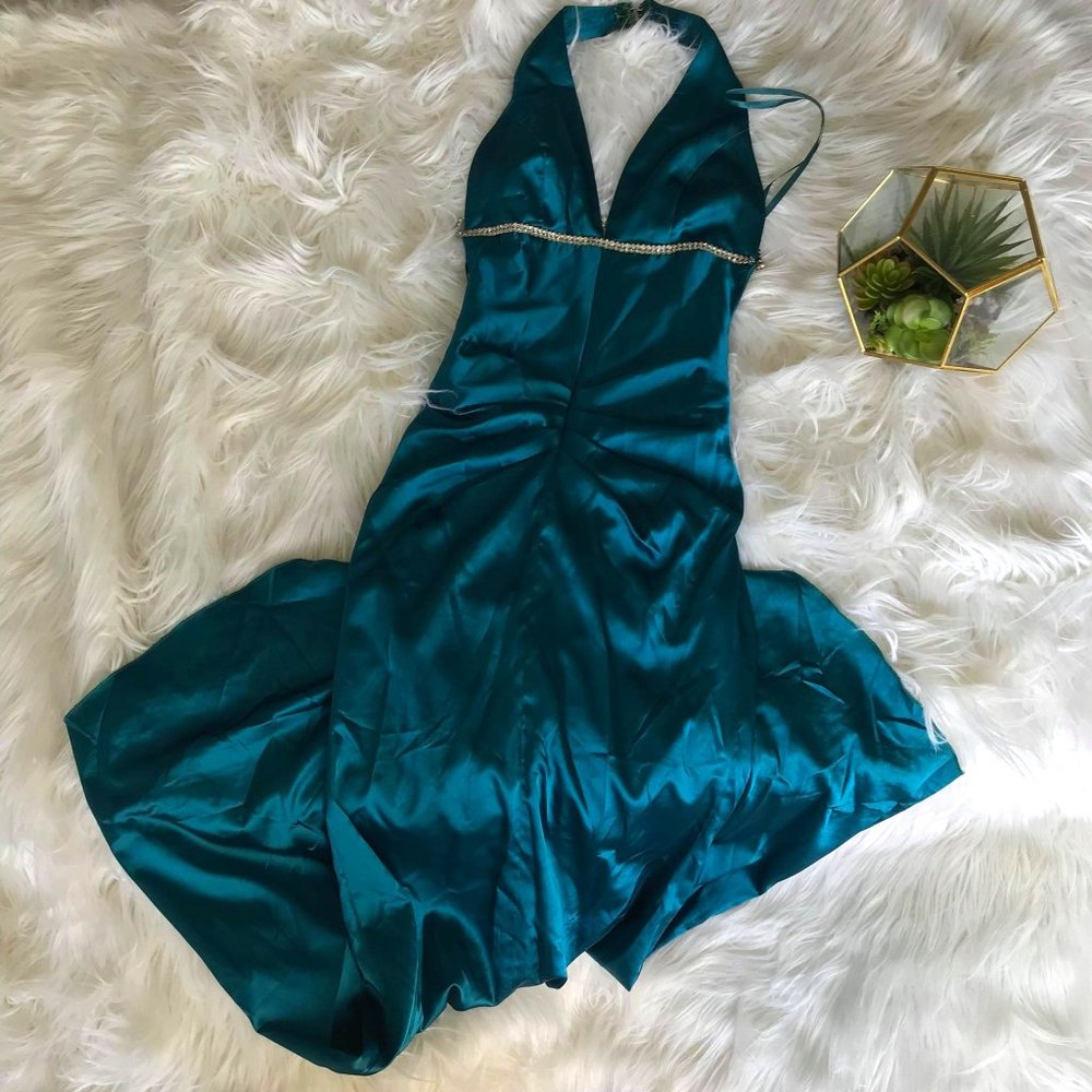 Backless Teal Cinderlla Gown with Train
